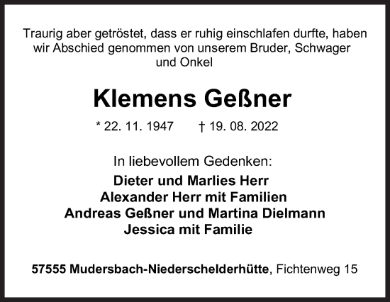 Traueranzeige von Klemens Geßner von Siegener Zeitung