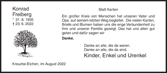 Traueranzeige von Konrad Freiberg von Siegener Zeitung
