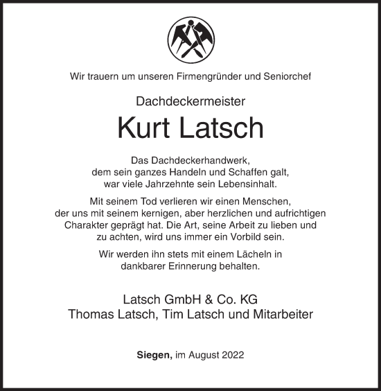 Traueranzeige von Kurt Latsch von Siegener Zeitung