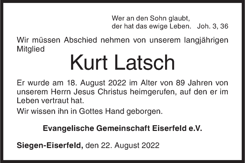  Traueranzeige für Kurt Latsch vom 22.08.2022 aus Siegener Zeitung