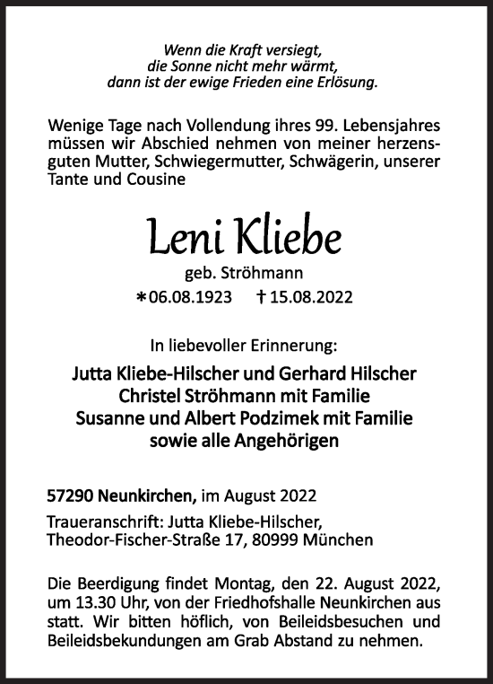 Traueranzeige von Leni Kliebe von Siegener Zeitung