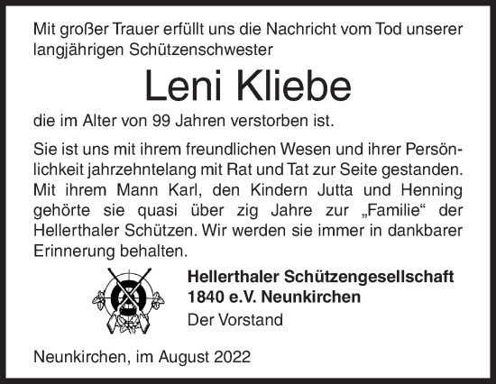 Traueranzeige von Leni Kliebe von Siegener Zeitung