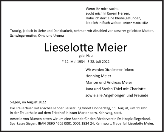 Traueranzeige von Lieselotte Meier von Siegener Zeitung