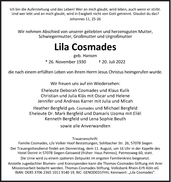 Traueranzeige von Lila Cosmades von Siegener Zeitung