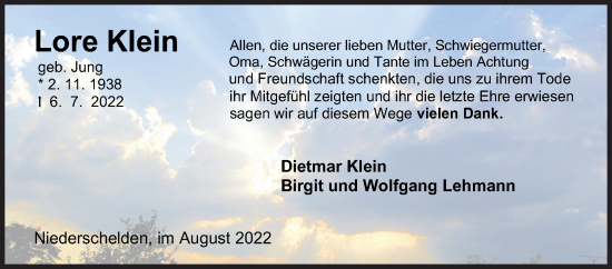 Traueranzeige von Lore Klein von Siegener Zeitung