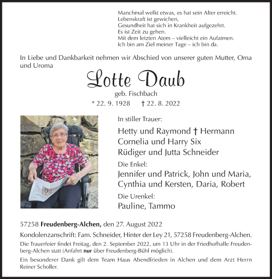 Traueranzeige von Lotte Daub von Siegener Zeitung