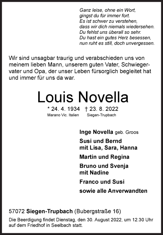 Traueranzeige von Louis Novella von Siegener Zeitung