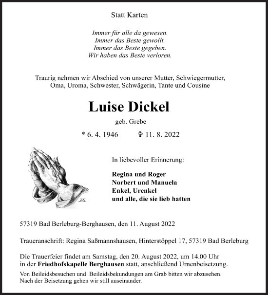 Traueranzeige von Luise Dickel von Siegener Zeitung