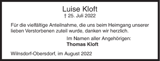 Traueranzeige von Luise Kloft von Siegener Zeitung