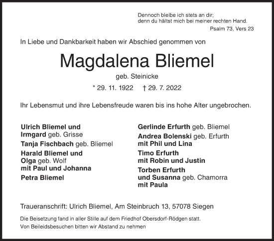 Traueranzeige von Magdalena Bliemel von Siegener Zeitung