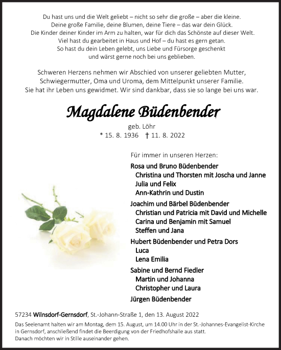 Traueranzeige von Magdalene Büdenbender von Siegener Zeitung