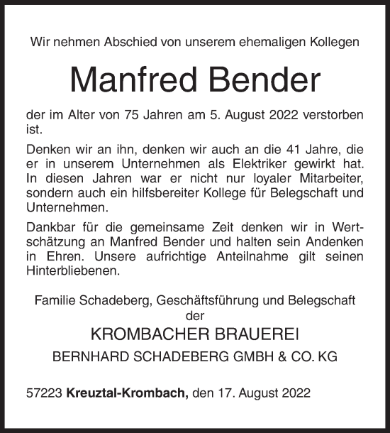 Traueranzeige von Manfred Bender von Siegener Zeitung