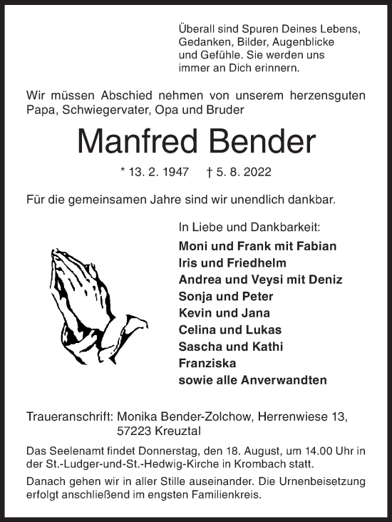 Traueranzeige von Manfred Bender von Siegener Zeitung