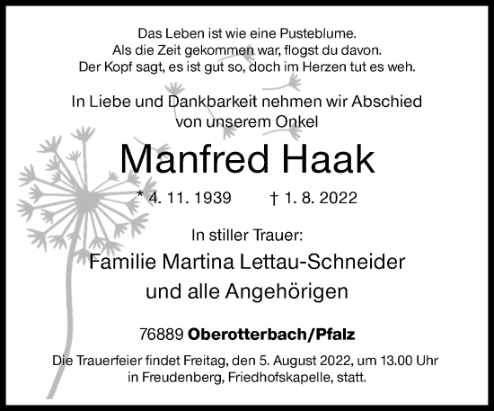Traueranzeige von Manfred Haak von Siegener Zeitung