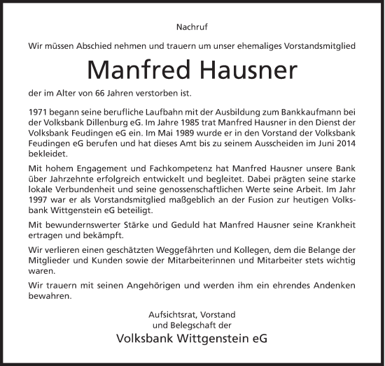 Traueranzeige von Manfred Hausner von Siegener Zeitung