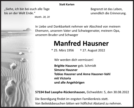 Traueranzeige von Manfred Hausner von Siegener Zeitung