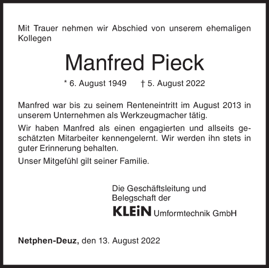Traueranzeige von Manfred Pieck von Siegener Zeitung