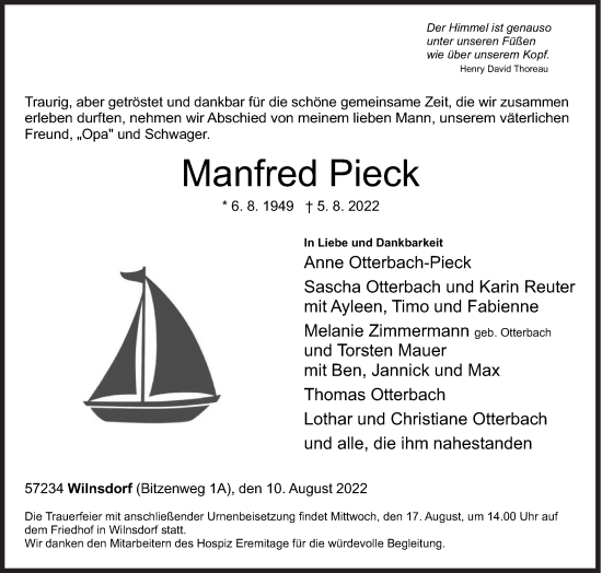 Traueranzeige von Manfred Pieck von Siegener Zeitung