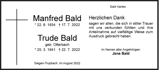 Traueranzeige von Manfred und Trude Bald von Siegener Zeitung