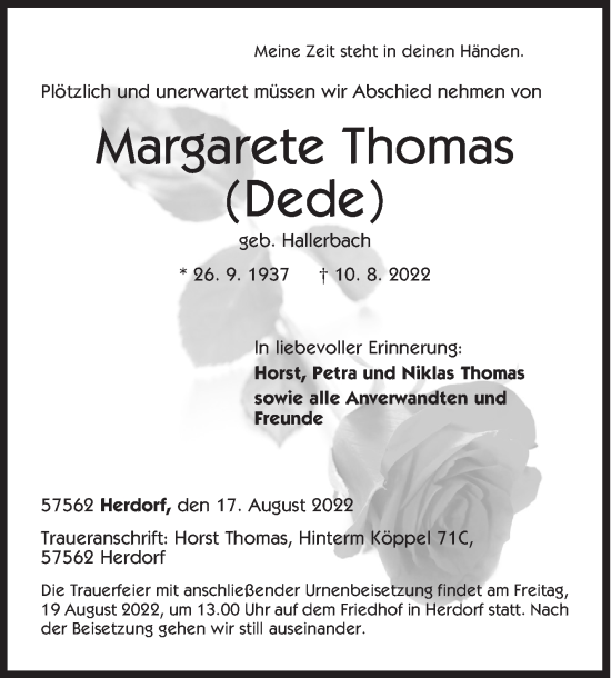 Traueranzeige von Margarete Thomas von Siegener Zeitung