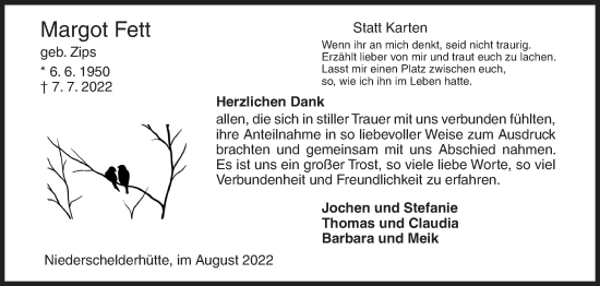 Traueranzeige von Margot Fett von Siegener Zeitung