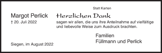 Traueranzeige von Margot Perlick von Siegener Zeitung