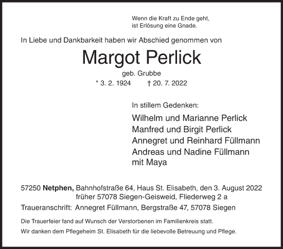 Traueranzeige von Margot Perlick von Siegener Zeitung