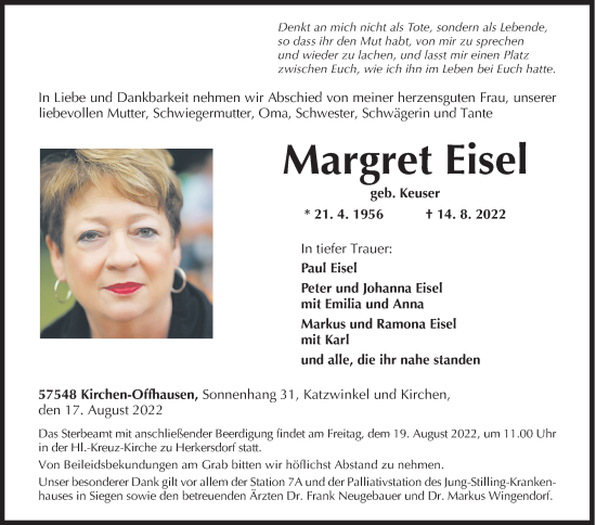 Traueranzeige von Margret Eisel von Siegener Zeitung