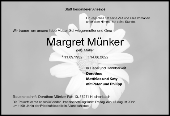 Traueranzeige von Margret Münker von Siegener Zeitung