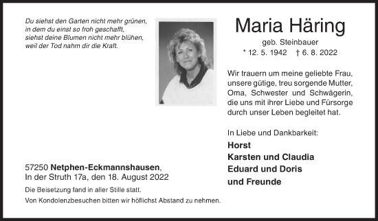 Traueranzeige von Maria Häring von Siegener Zeitung