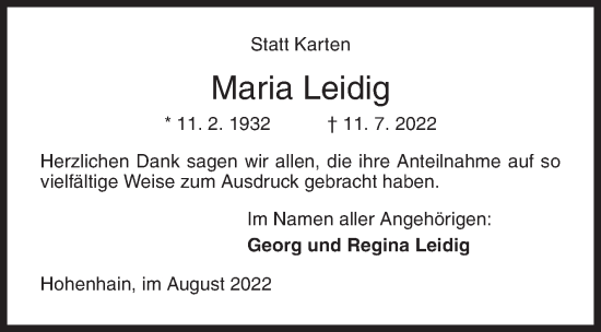 Traueranzeige von Maria Leidig von Siegener Zeitung