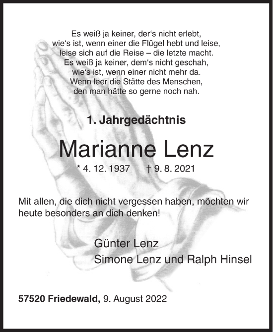 Traueranzeige von Marianne Lenz von Siegener Zeitung
