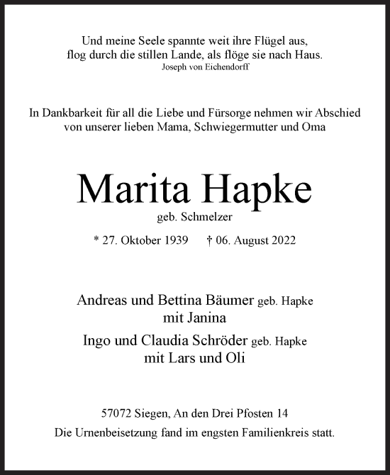 Traueranzeige von Marita Hapke von Siegener Zeitung