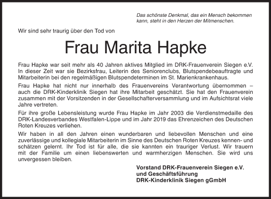 Traueranzeige von Marita Hapke von Siegener Zeitung