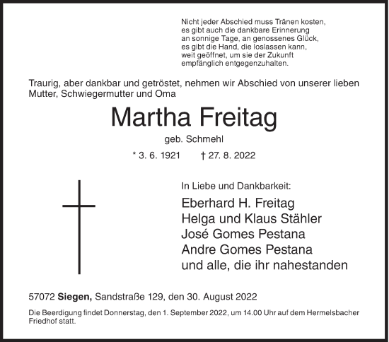 Traueranzeige von Martha Freitag von Siegener Zeitung