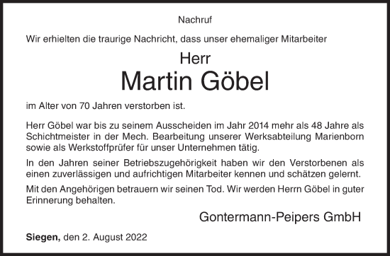 Traueranzeige von Martin Göbel von Siegener Zeitung