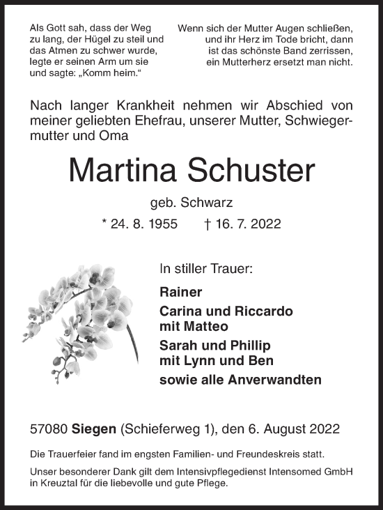 Traueranzeige von Martina Schuster von Siegener Zeitung