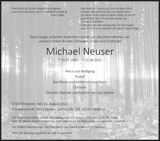 Traueranzeige von Michael Neuser von Siegener Zeitung