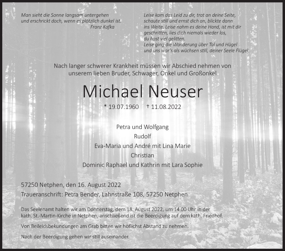  Traueranzeige für Michael Neuser vom 16.08.2022 aus Siegener Zeitung