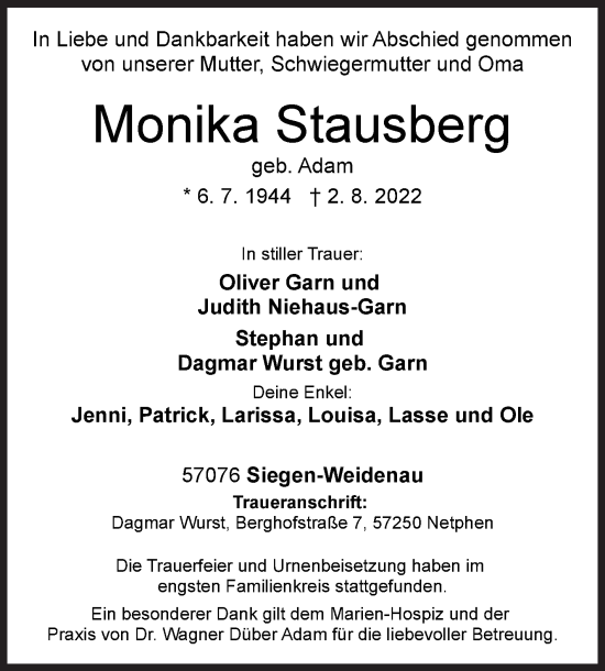 Traueranzeige von Monika Stausberg von Siegener Zeitung