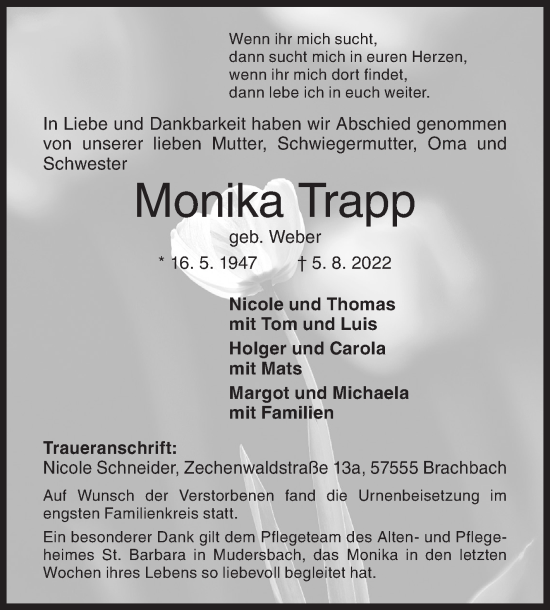 Traueranzeige von Monika Trapp von Siegener Zeitung
