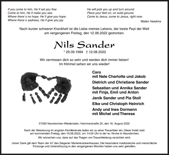 Traueranzeige von Nils Sander von Siegener Zeitung