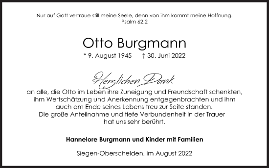Traueranzeige von Otto Burgmann von Siegener Zeitung