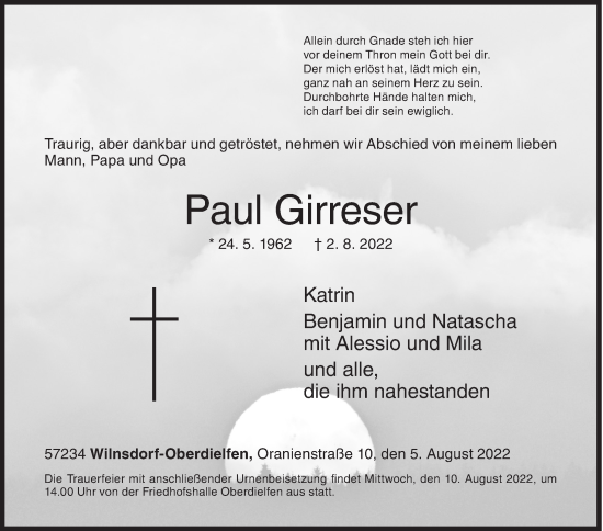 Traueranzeige von Paul Girreser von Siegener Zeitung