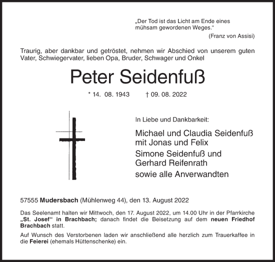 Traueranzeige von Peter Seidenfuß von Siegener Zeitung