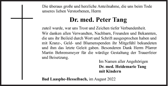 Traueranzeige von Peter Tang von Siegener Zeitung