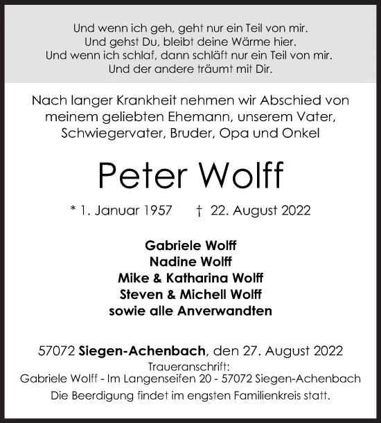 Traueranzeige von Peter Wolff von Siegener Zeitung