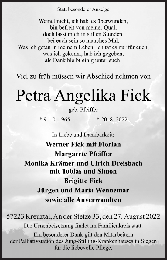 Traueranzeige von Petra Angelika Fick von Siegener Zeitung