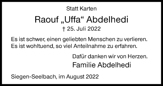 Traueranzeige von Raouf Abdelhedi von Siegener Zeitung