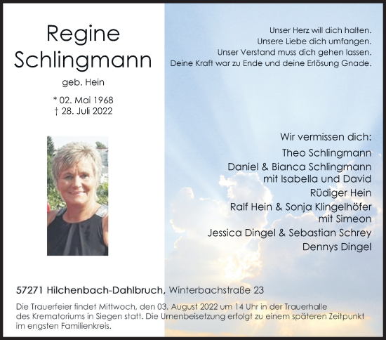 Traueranzeige von Regine Schlingmann von Siegener Zeitung
